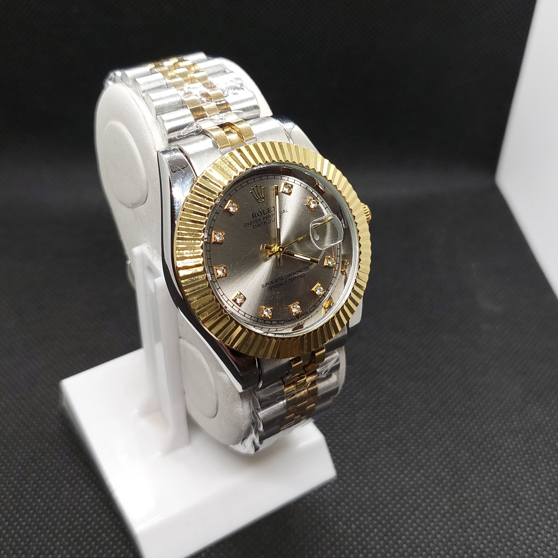 Rolex Date Oyster Perpetual - Silver & Gold Chain  - Cut Gold Case & Gray Dial - Saturn Watches