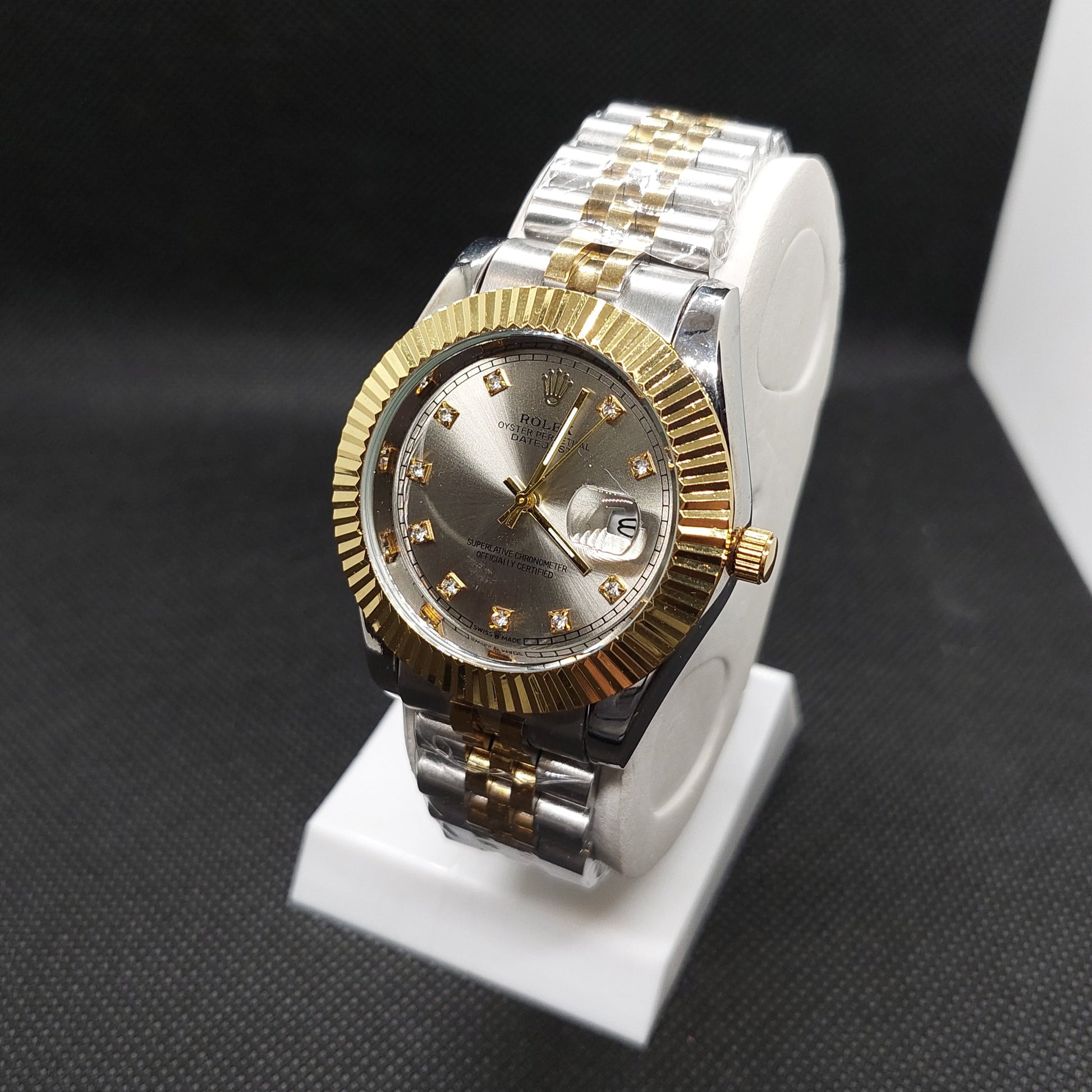 Rolex Date Oyster Perpetual - Silver & Gold Chain  - Cut Gold Case & Gray Dial - Saturn Watches