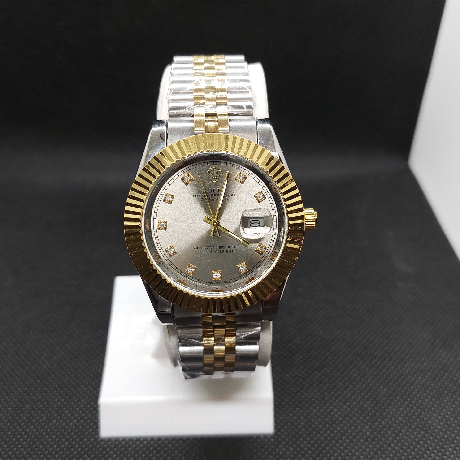 Rolex Date Oyster Perpetual - Silver & Gold Chain  - Cut Gold Case & Gray Dial - Saturn Watches