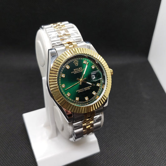 Rolex Date Oyster Perpetual - Silver & Gold Chain  - Cut Gold Case & Green Dial - Saturn Watches