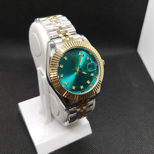 Rolex Date Oyster Perpetual - Silver & Gold Chain  - Cut Gold Case & Turquoise Dial - Saturn Watches