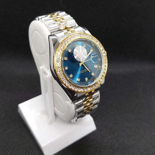 Rolex Date Oyster Perpetual - Two Tone Silver & Gold Chain - Gold Stoned Case & Blue Dial - Saturn Watches