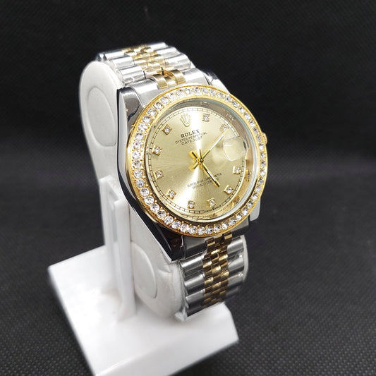 Rolex Date Oyster Perpetual - Two Tone Silver & Gold Chain - Gold Stoned Case & Gold Dial - Saturn Watches