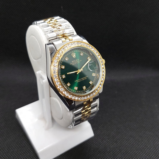 Rolex Date Oyster Perpetual - Two Tone Silver & Gold Chain - Gold Stoned Case & Green Dial - Saturn Watches