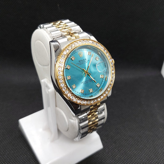 Rolex Date Oyster Perpetual - Two Tone Silver & Gold Chain - Gold Stoned Case & Tiffany Dial - Saturn Watches