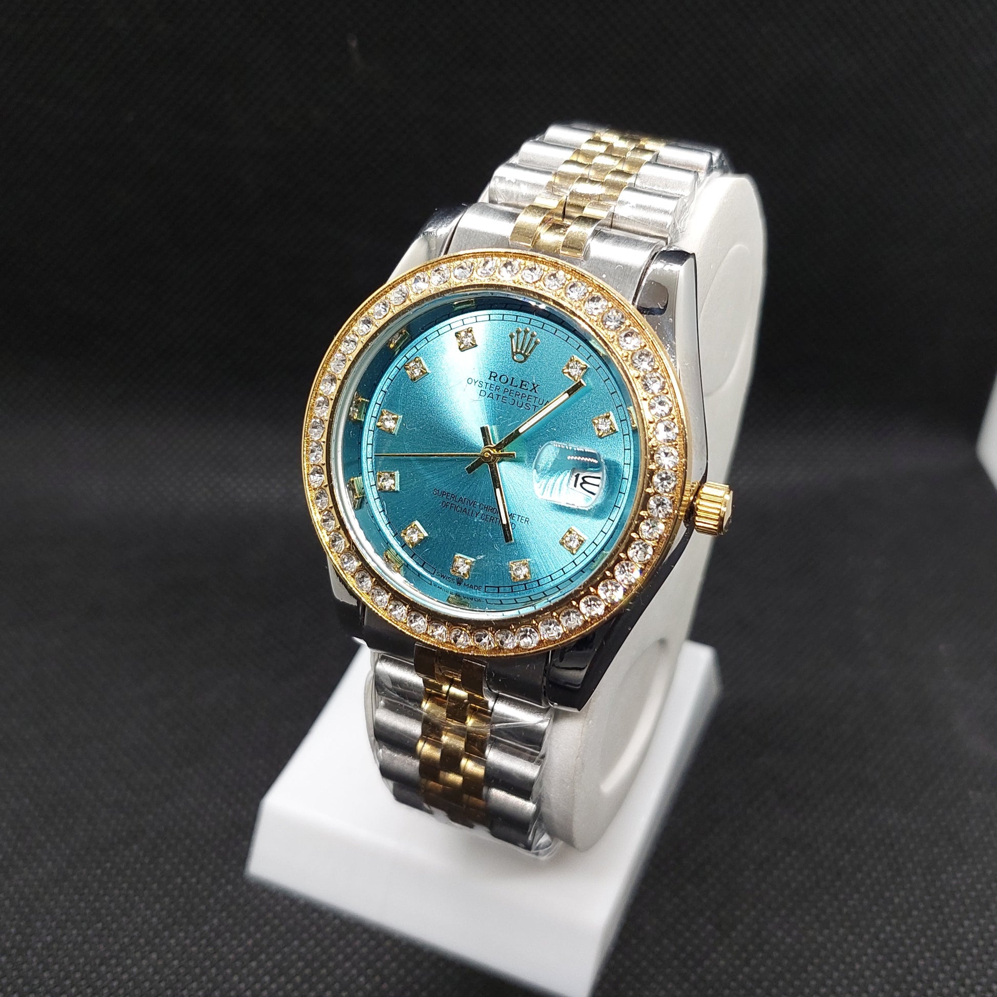 Rolex Date Oyster Perpetual - Two Tone Silver & Gold Chain - Gold Stoned Case & Tiffany Dial - Saturn Watches