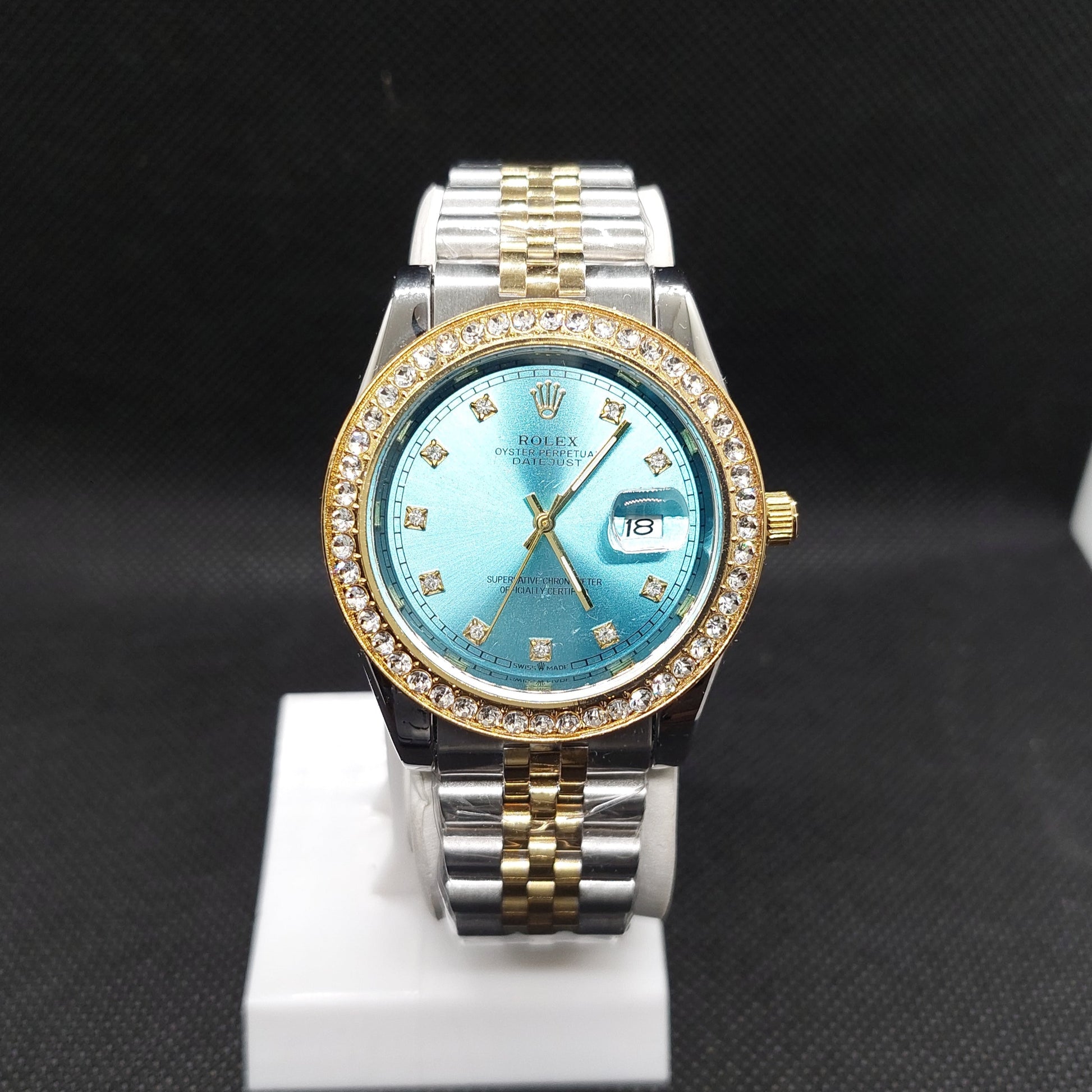 Rolex Date Oyster Perpetual - Two Tone Silver & Gold Chain - Gold Stoned Case & Tiffany Dial - Saturn Watches