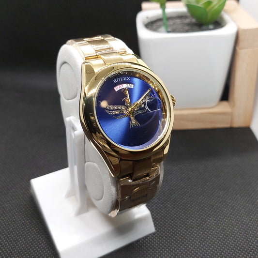 Rolex Stone Eagle in Dial Day-Date - Gold Chain - Gold Case & Blue Dial - Saturn Watches