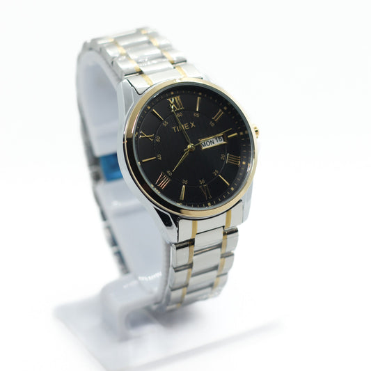 Time x Chain Day Date Two Tone Silver & Gold Chain - Gold Case & Black Dial - Saturn Watches