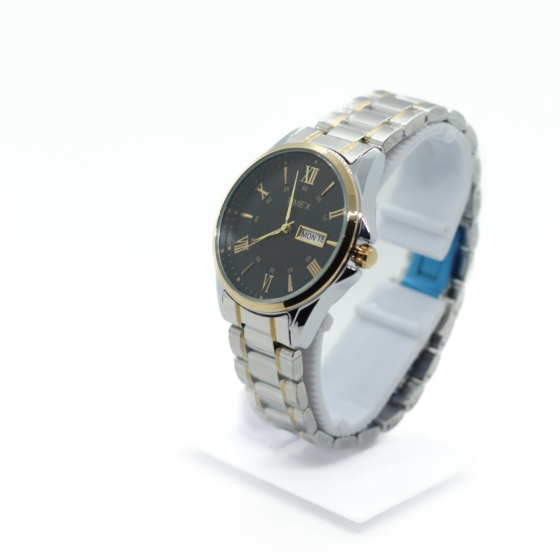 Time x Chain Day Date Two Tone Silver & Gold Chain - Gold Case & Black Dial - Saturn Watches