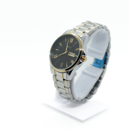 Time x Chain Day Date Two Tone Silver & Gold Chain - Gold Case & Black Dial - Saturn Watches