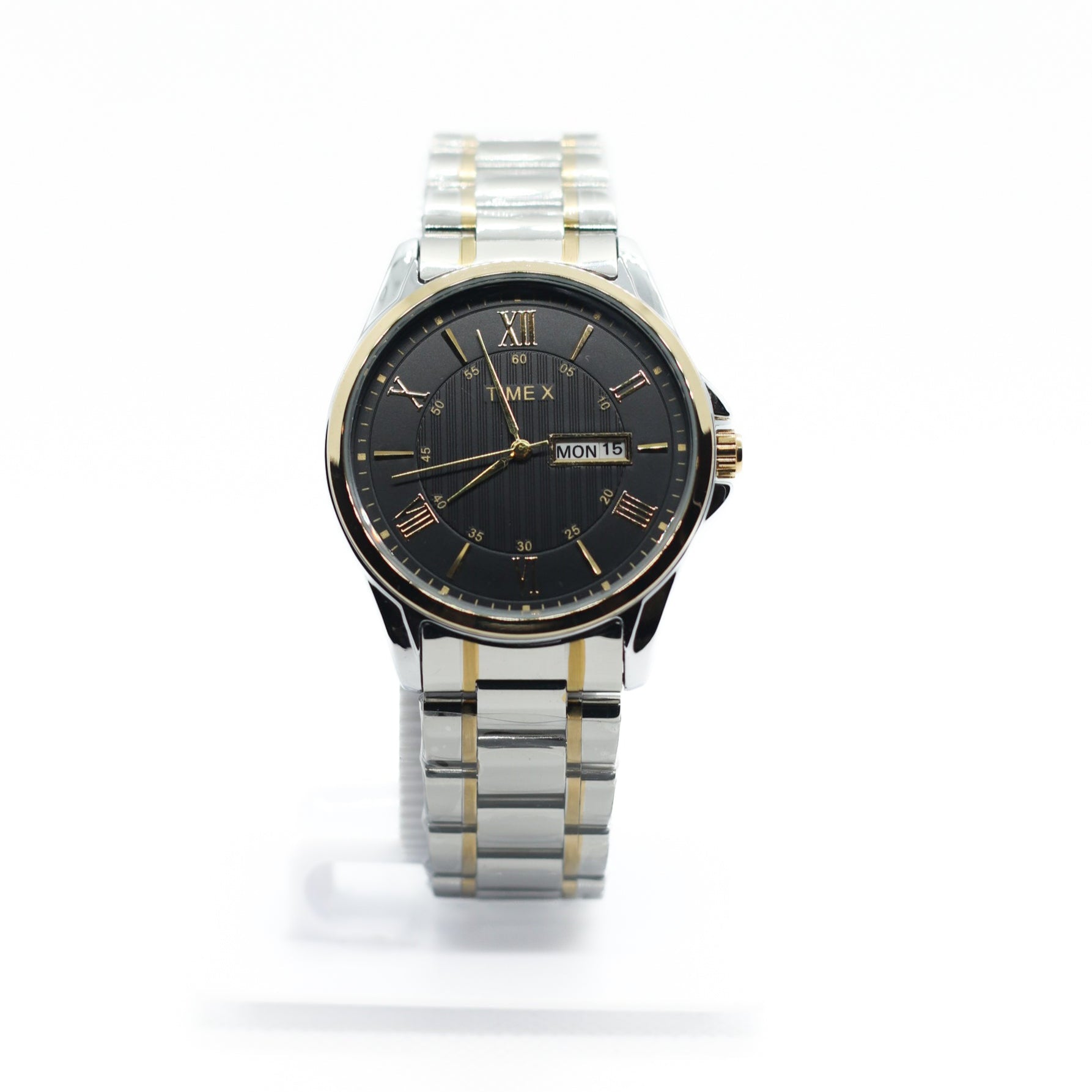 Time x Chain Day Date Two Tone Silver & Gold Chain - Gold Case & Black Dial - Saturn Watches