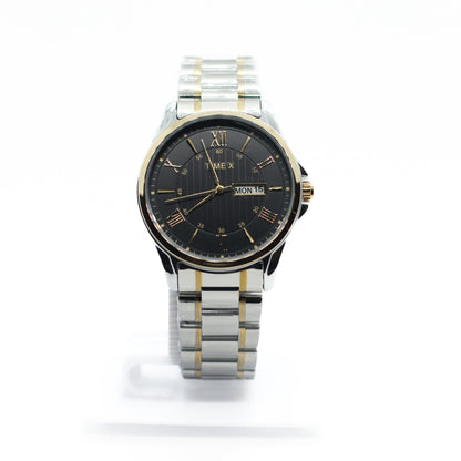 Time x Chain Day Date Two Tone Silver & Gold Chain - Gold Case & Black Dial - Saturn Watches