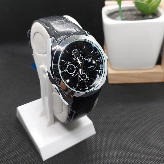 Tissot Black Leather Strap with Silver Case & Black Dial - Saturn Watches